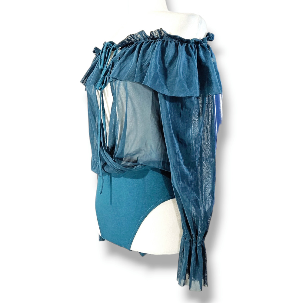 EUC Missguided Off the Shoulder Ruffle Sheer Blouson Bodysuit Sz. 6 Teal